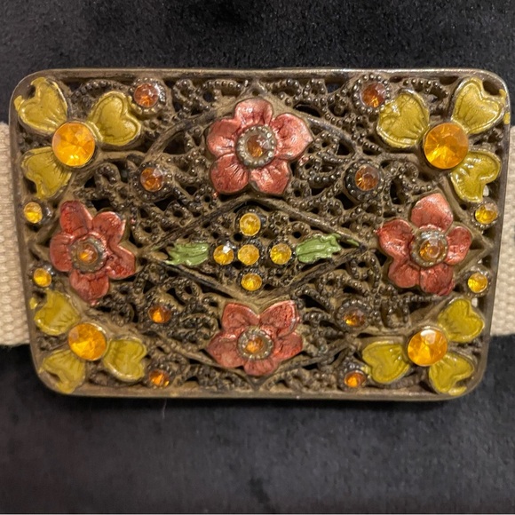 Canvas Beige 1 1/2” Belt Enamel Floral Filigree Buckle Boho Size M/L - Picture 2 of 7